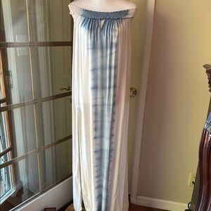 Blue and White Strapless Resort Maxi Gown